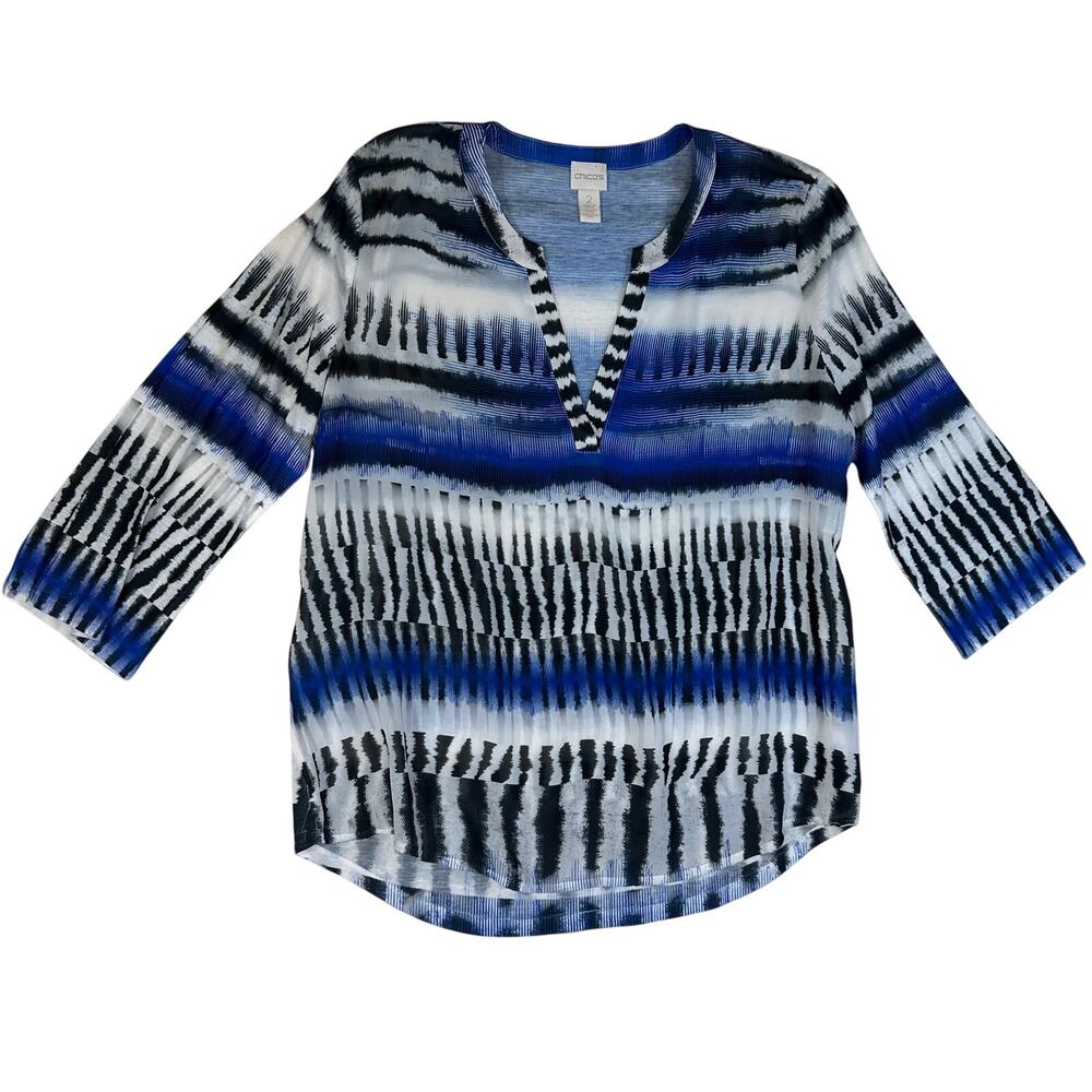 Chicos Blouse V Neck Sheer Front Womens 2 Size Large 3/4 Sleeve